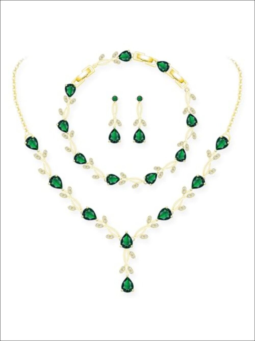 14K Gold Plated Jewelry Set Emerald Rose Cubic Zirconia Necklace Bracelet